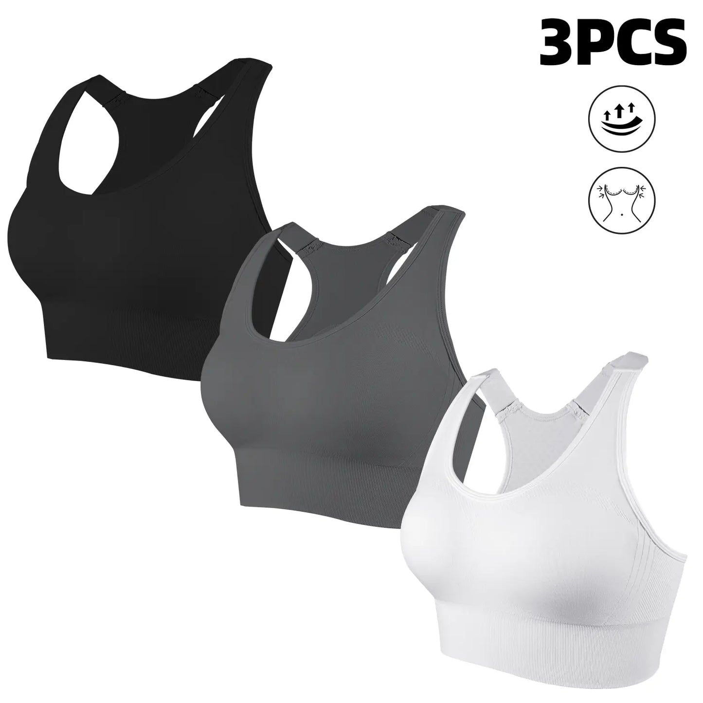 CHRLEISURE 3PCS Seamless Bra High Support for Workout Padded Racerback Sport Adjustable Sports Bras for Women Seamless Bra