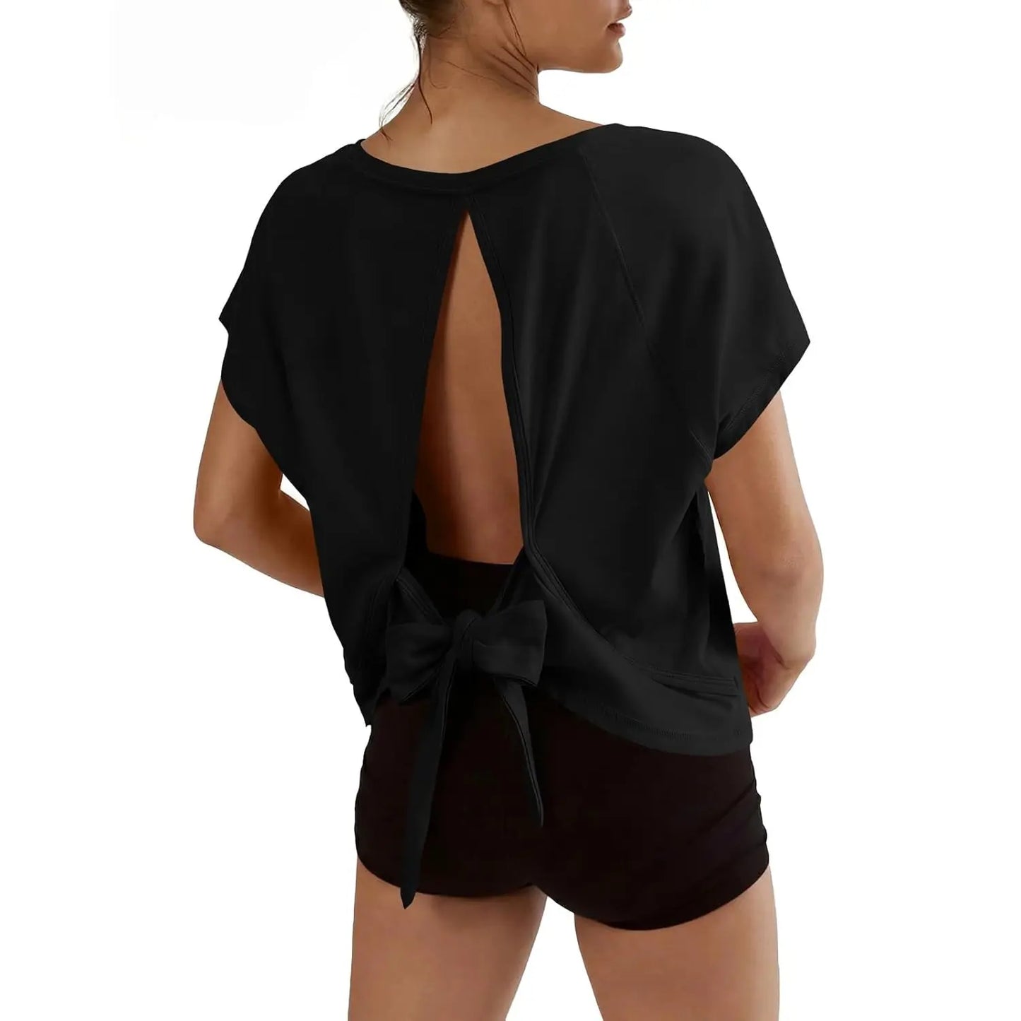 Fisoew Womens Open Back Workout Crop Tops V Neck Short Sleeve Athletic Shirts Tie Back Oversized Gym Running Yoga Tee