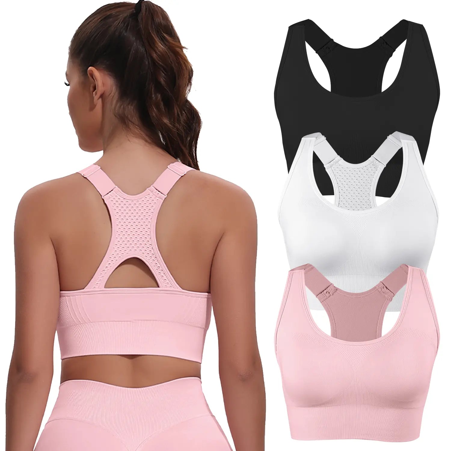 CHRLEISURE 3PCS Seamless Bra High Support for Workout Padded Racerback Sport Adjustable Sports Bras for Women Seamless Bra
