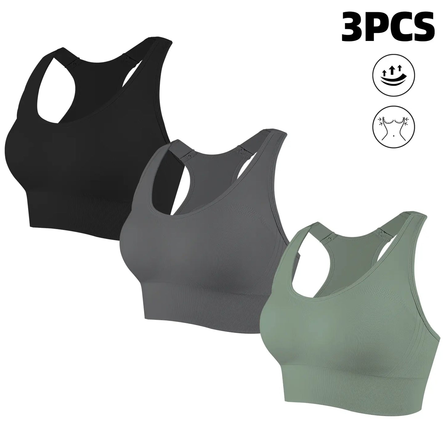 CHRLEISURE 3PCS Seamless Bra High Support for Workout Padded Racerback Sport Adjustable Sports Bras for Women Seamless Bra