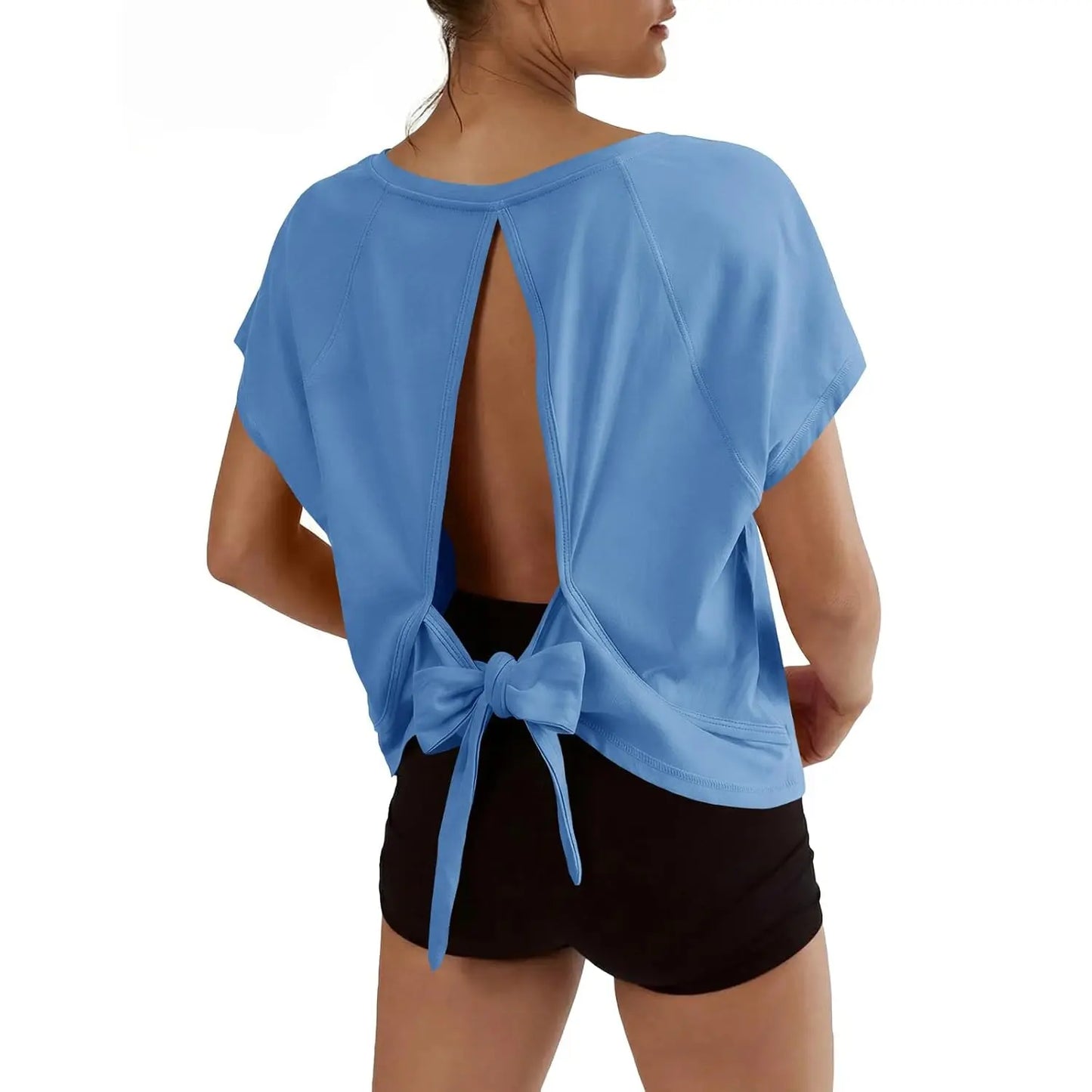 Fisoew Womens Open Back Workout Crop Tops V Neck Short Sleeve Athletic Shirts Tie Back Oversized Gym Running Yoga Tee