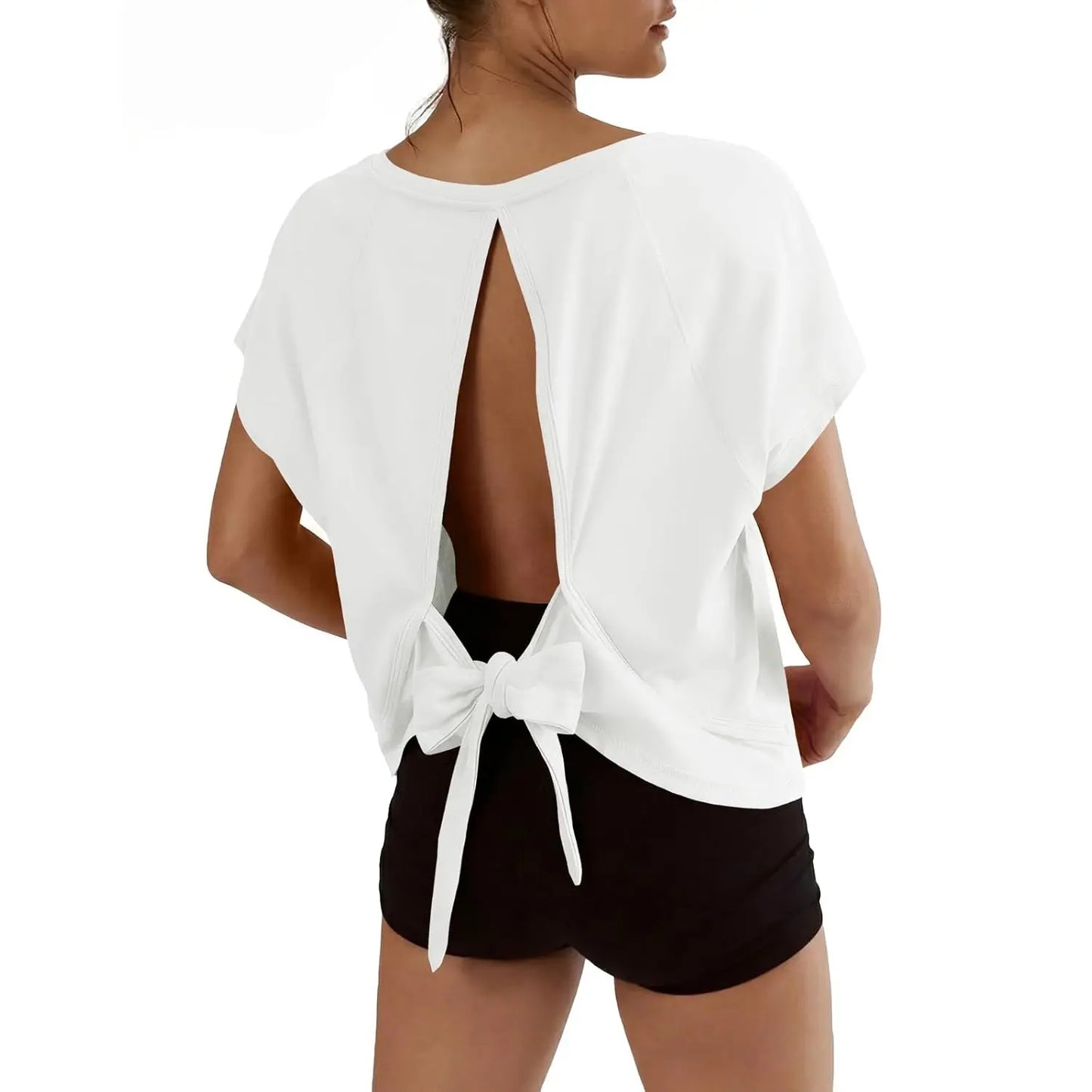 Fisoew Womens Open Back Workout Crop Tops V Neck Short Sleeve Athletic Shirts Tie Back Oversized Gym Running Yoga Tee