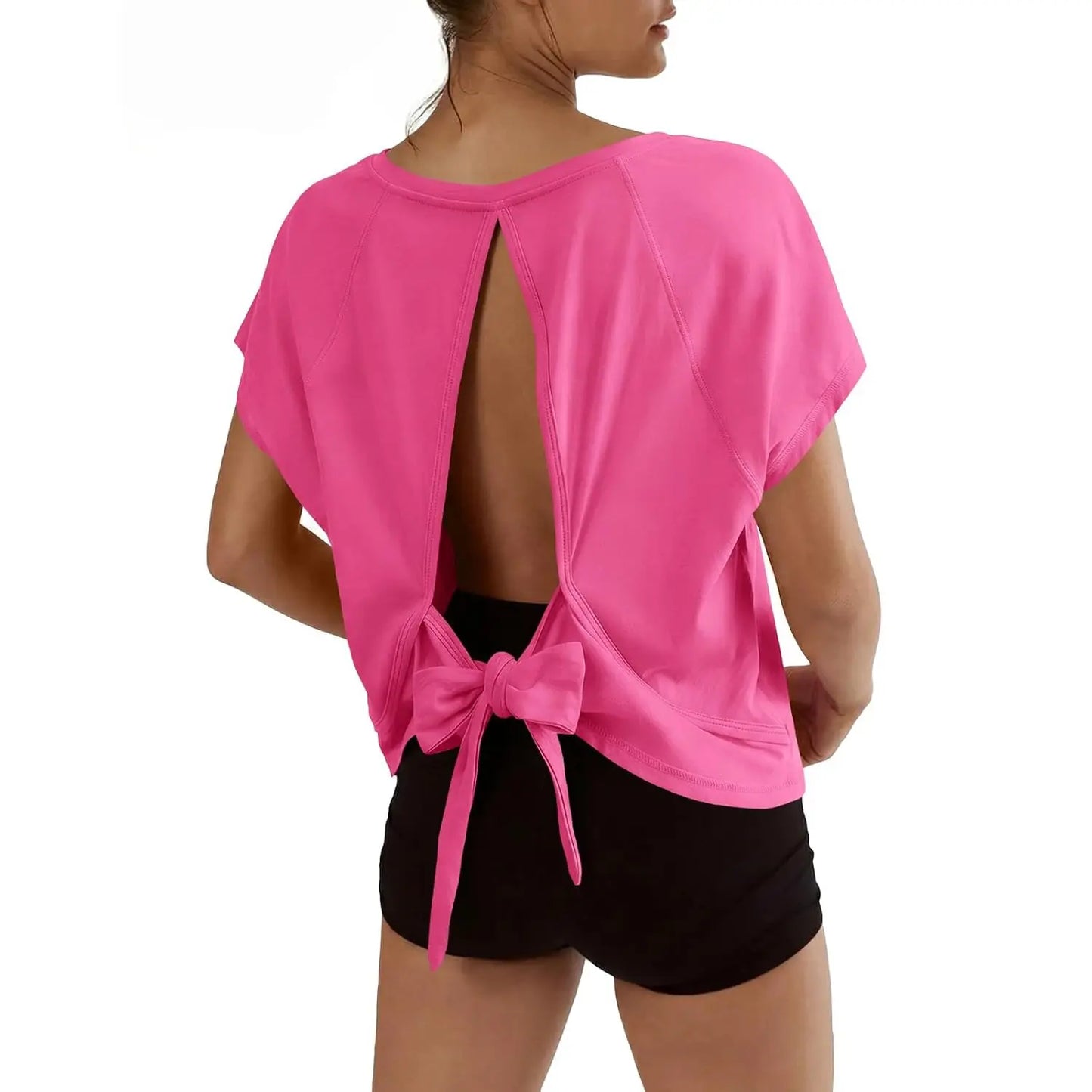 Fisoew Womens Open Back Workout Crop Tops V Neck Short Sleeve Athletic Shirts Tie Back Oversized Gym Running Yoga Tee